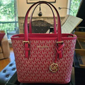 Michael Kors Jet Set Travel XS Carryall Tote Shoulder Bag MK Gold Signature Red